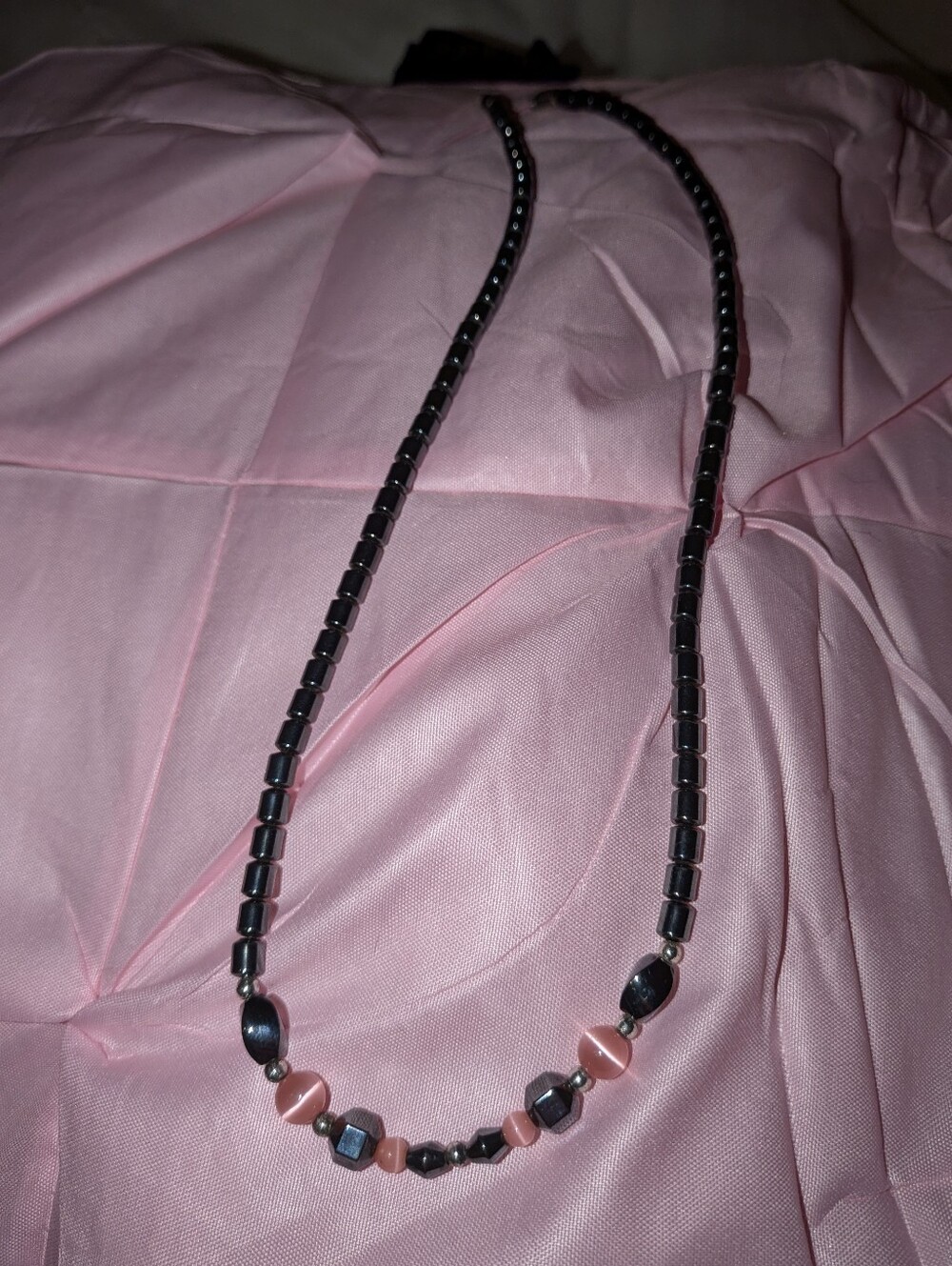 Vintage Beaded Metallic Hematite Necklace W/ Cats Eye Stone Beads